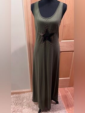 Dots Vintage Olive Green Stretchy Racerback Maxi Dress Camo Star Detail Grunge M